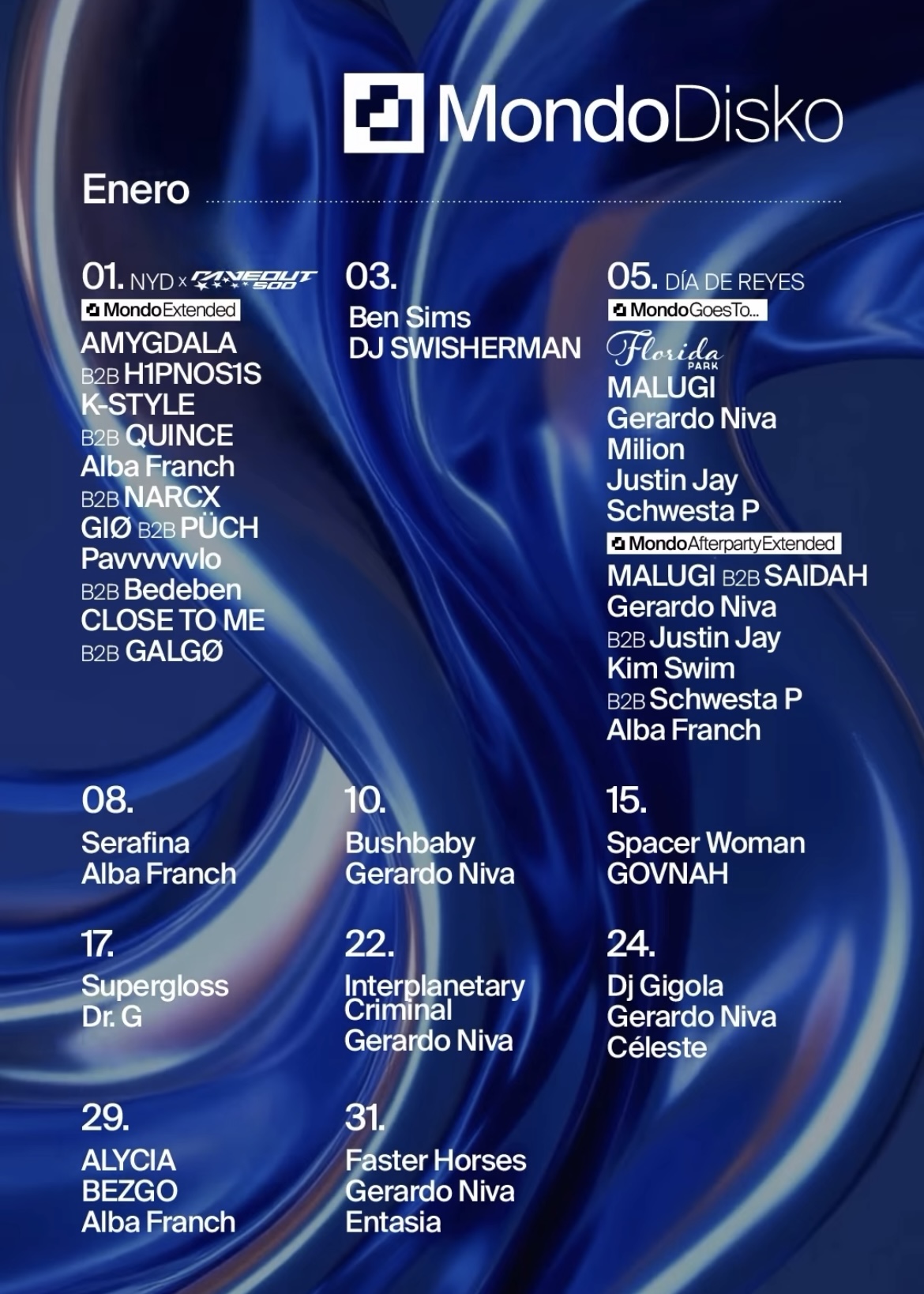 MALUGI B2B SAIDAH / Gerardo Niva B2B Justin Jay / KIM SWIM B2B Schewesta P / Alba Franch