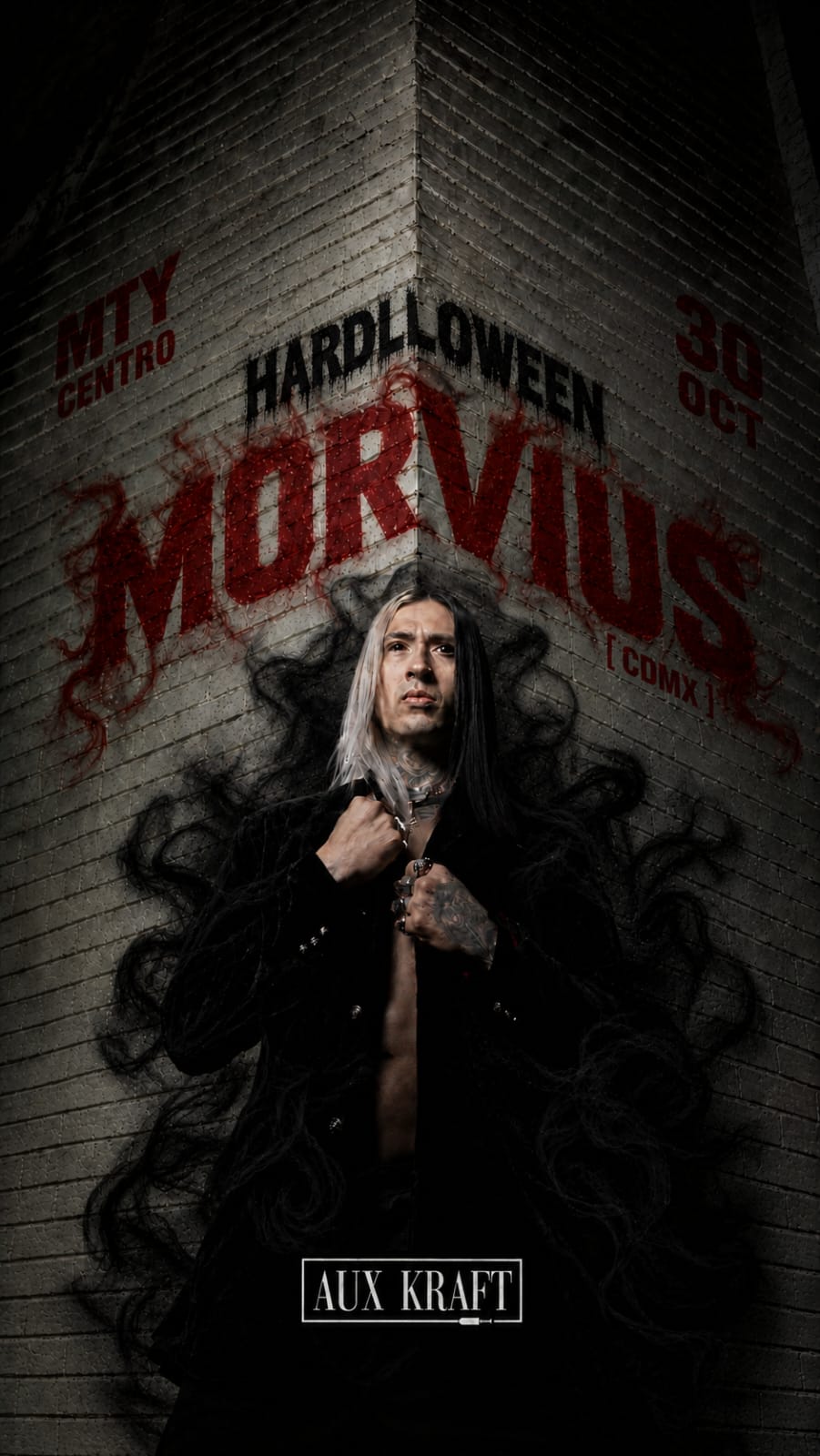 Flyer de MORVIUS x HARDLLOWEEN MTY
