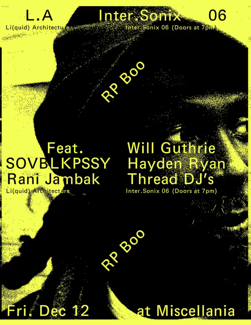 Liquid Architecture pres. Inter.Sonix 06: RP BOO (Planet Mu), Will Guthrie, Rani Jambak & more