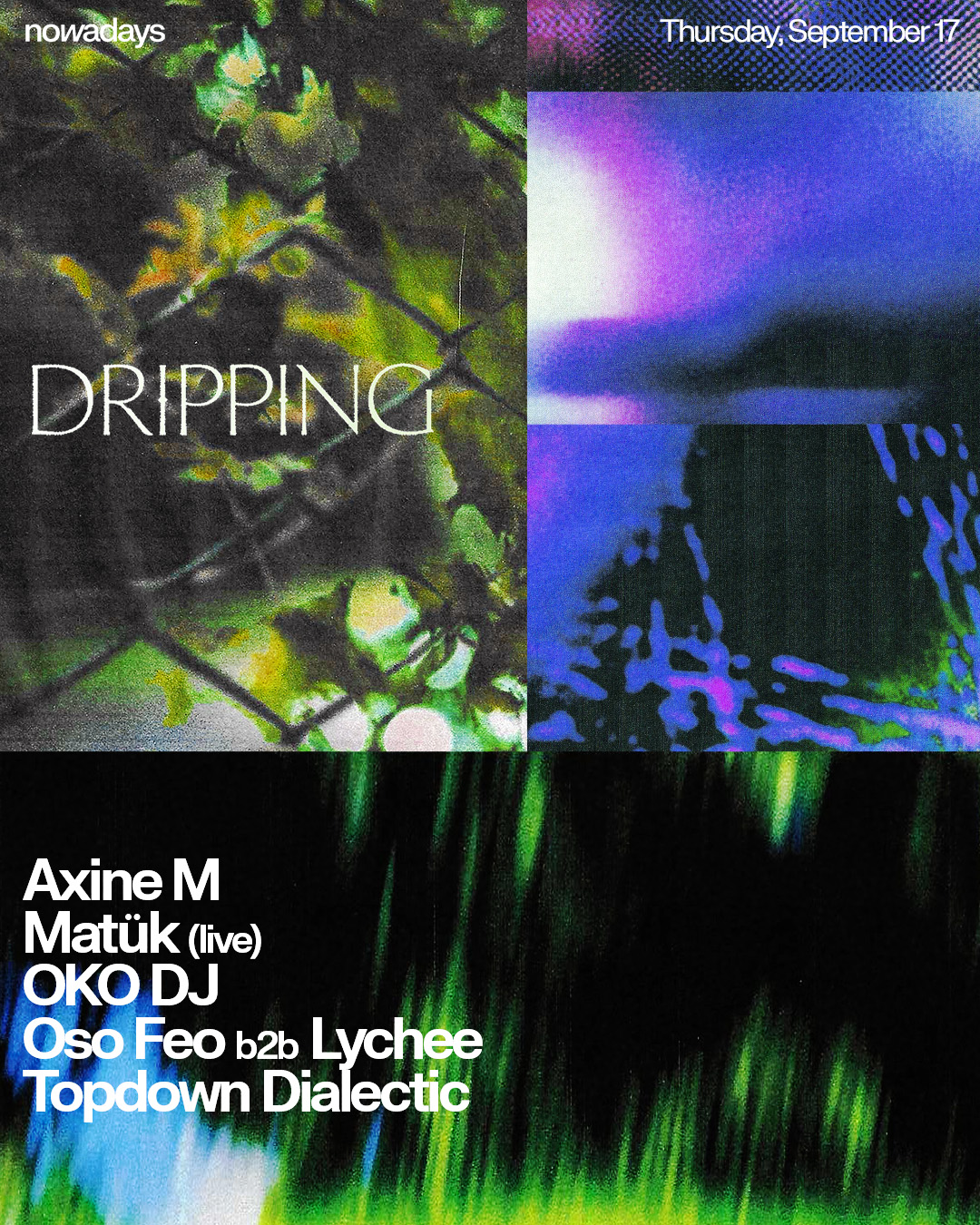 Dripping: Axine M, Matük (live), OKO DJ, Oso Feo b2b Lychee, Topdown Dialectic