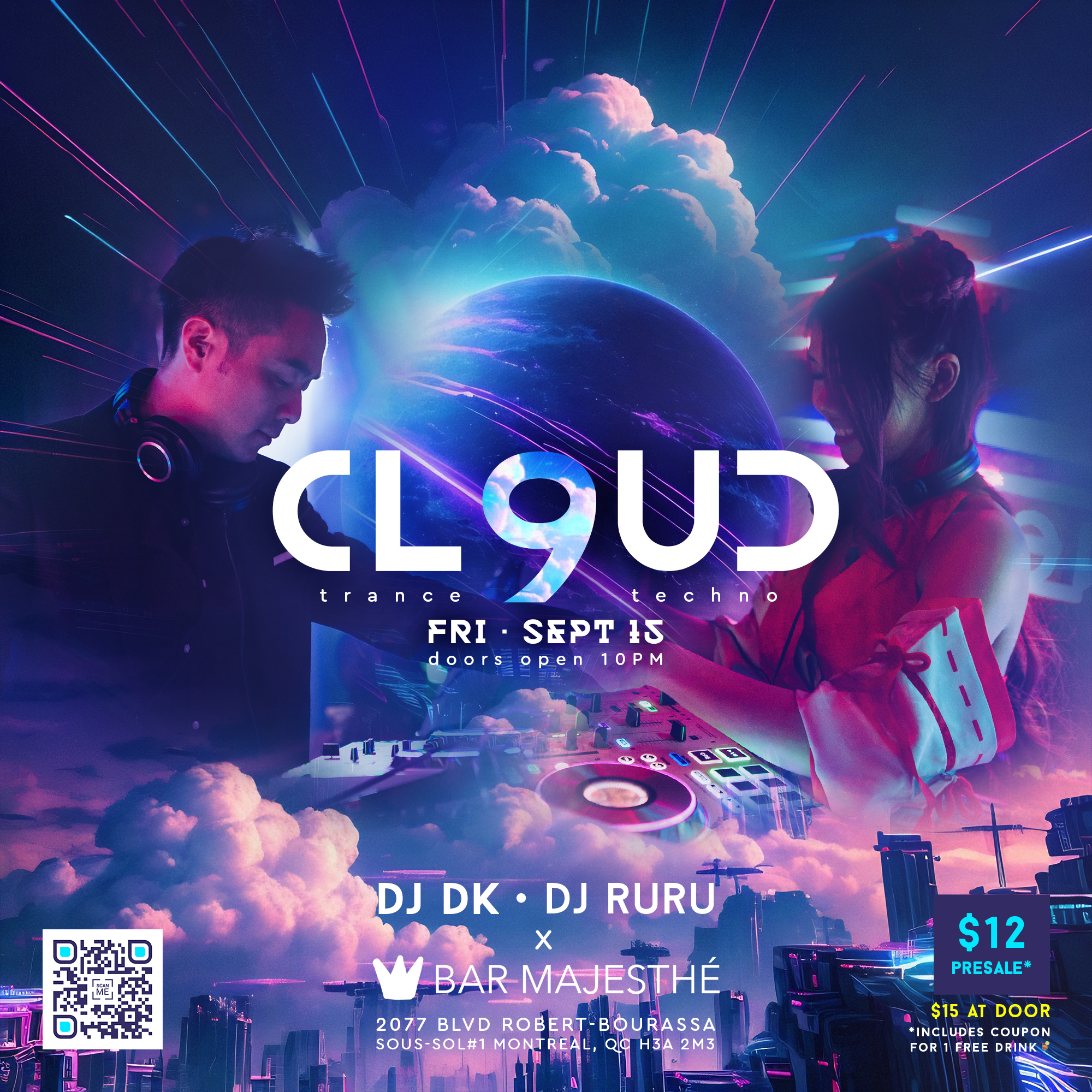 ﾟCLOUD9: TRANCE MEETS TECHNO ‧₊ at Bar Majesthé, Montreal