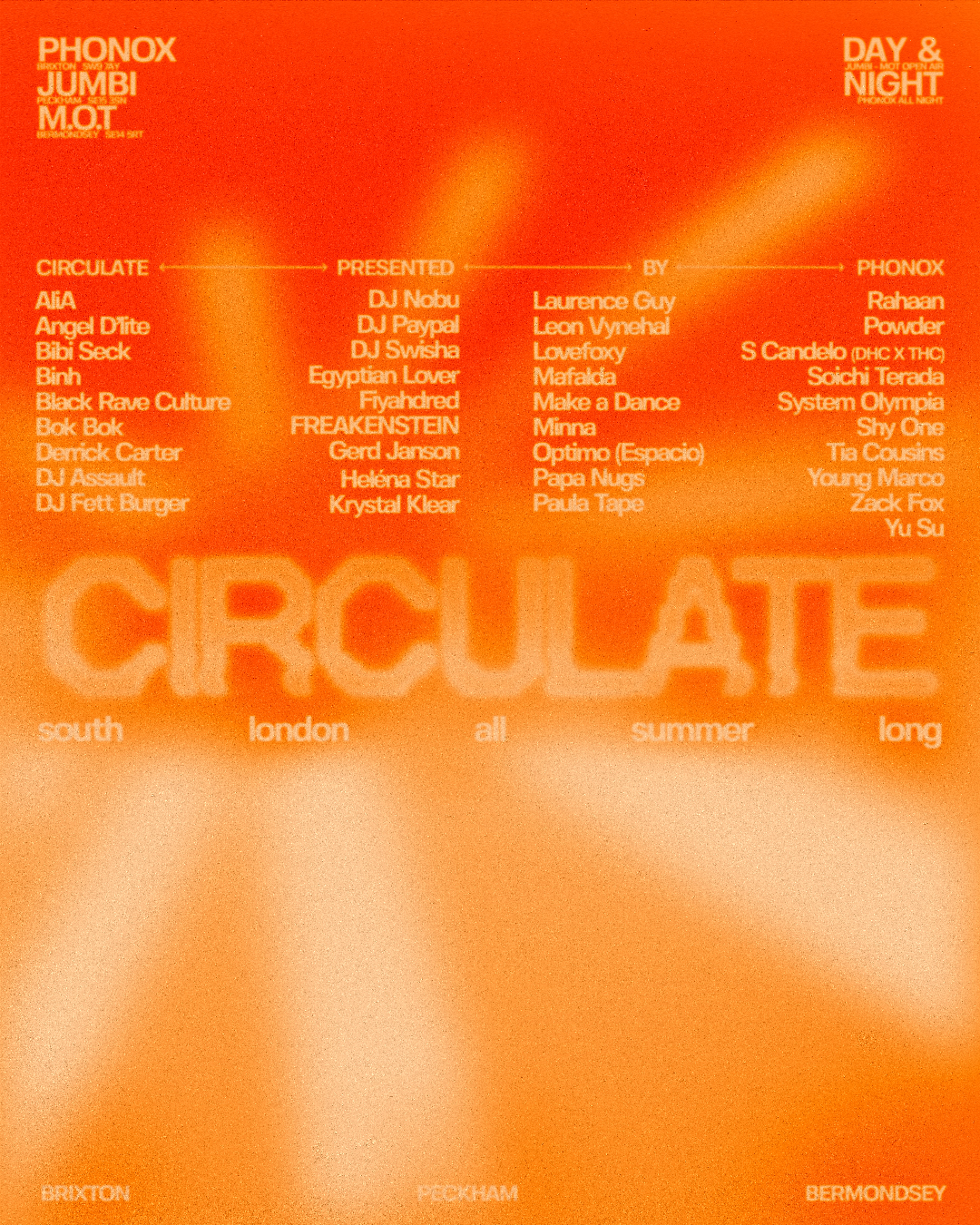 Phonox x MOT: CIRCULATE with Optimo (Espacio), Papa Nugs, Tia Cousins - Day & Night