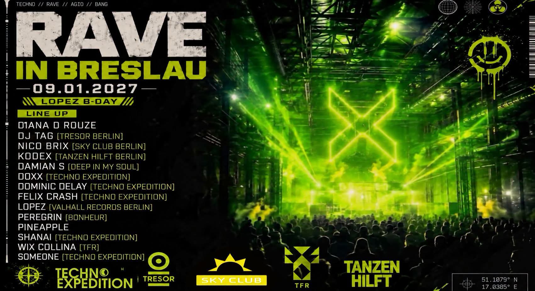 Rave in Breslau / Dj Tag , Diana D Rouz, Nico Brix , Lopez flyer Rave in Breslau / Dj Tag , Diana D Rouz, Nico Brix , Lopez flyer