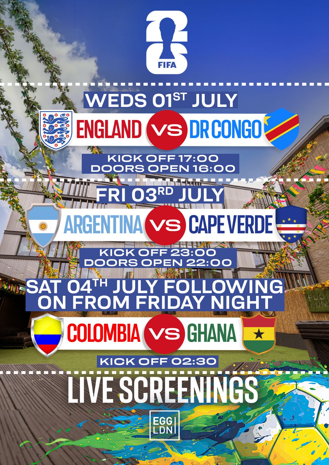 Egg Pres: England V DR Congo / Free showing (Open Air)