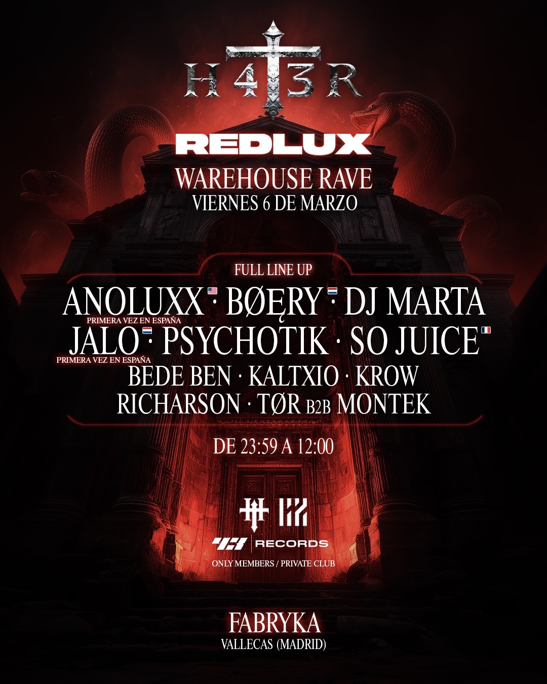 H4T3R x REDLUX 'WAREHOUSE RAVE' with BØĘRY • DJ MARTA • SO JUICE • ANOLUXX • JALO