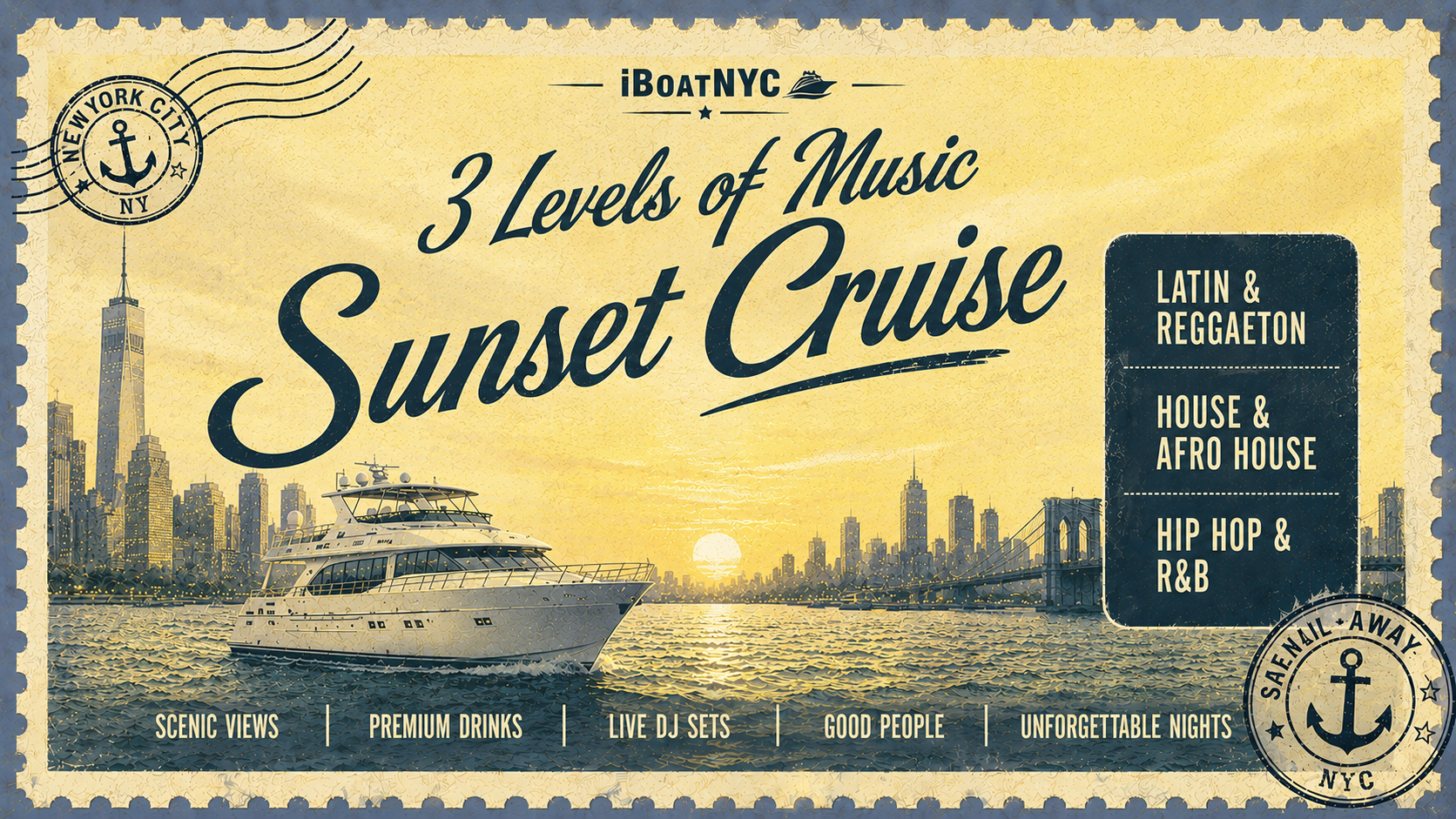 NYC Sunset Boat Party: Reggaeton / Hip-Hop / House – Multi-Level Yacht - Pier 78 at Hudson River Park