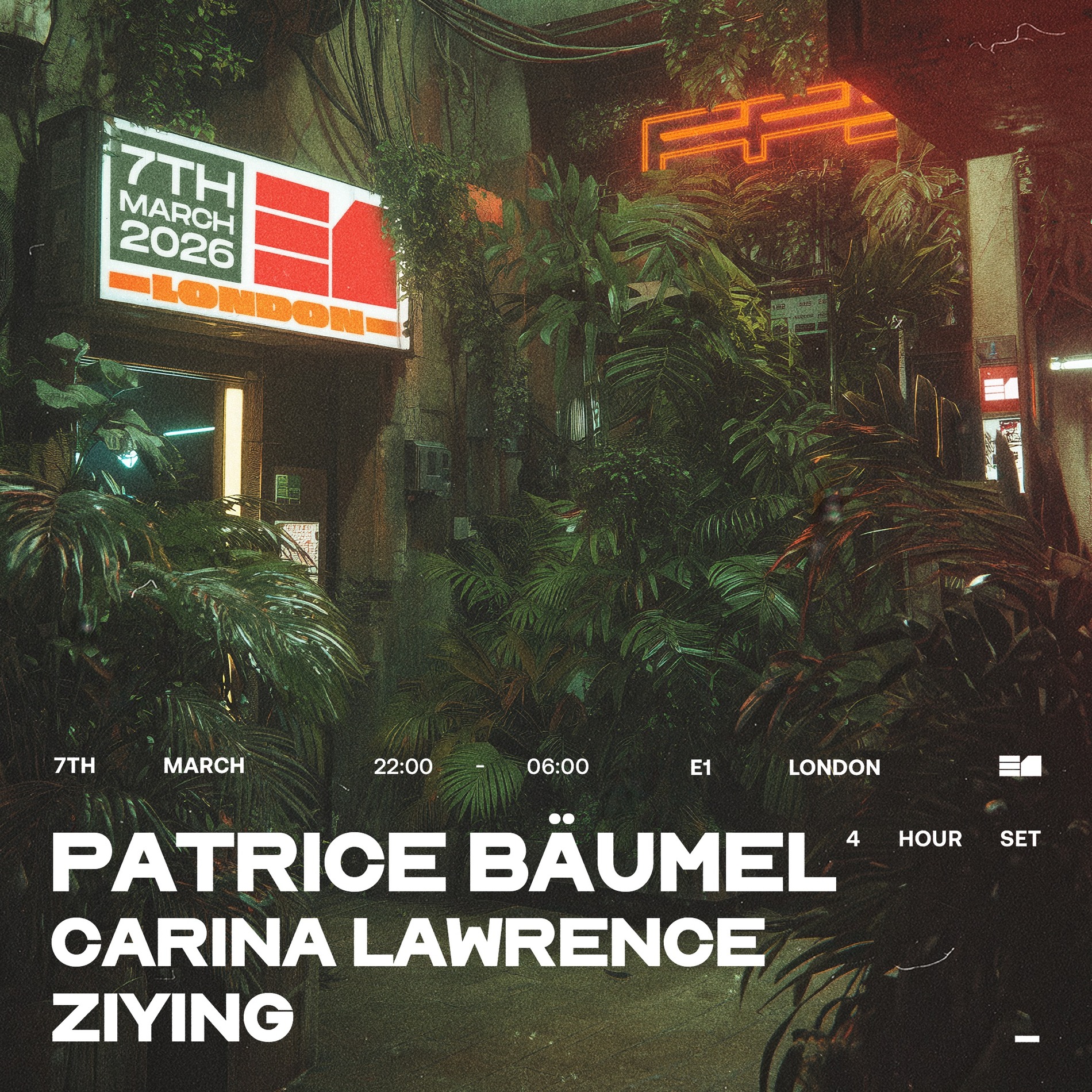 Patrice Baumel (4 hour set), Carina Lawrence & ZIYING