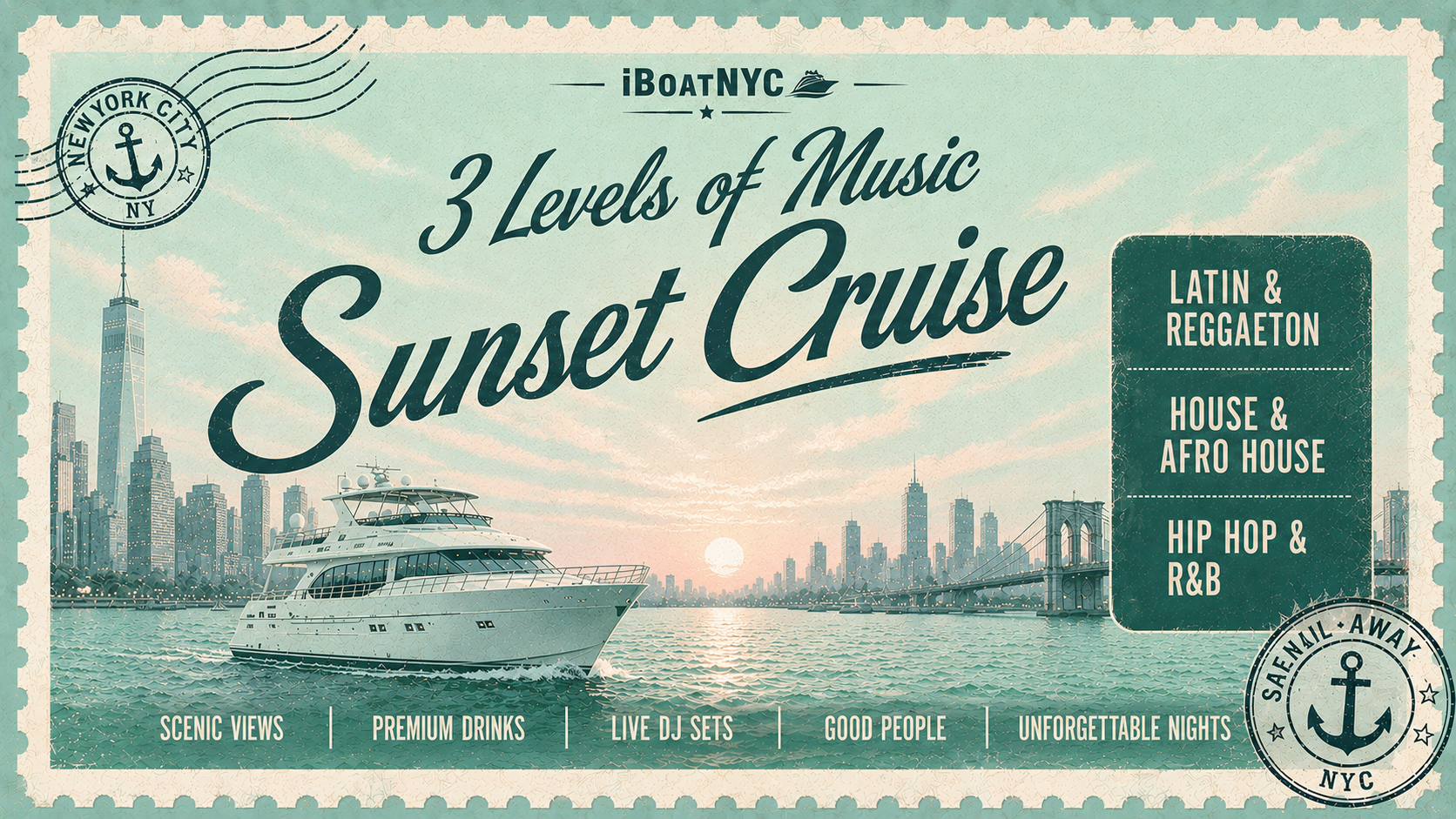 NYC Sunset Boat Party: Reggaeton / Hip-Hop / House – Multi-Level Yacht - Pier 78 at Hudson River Park
