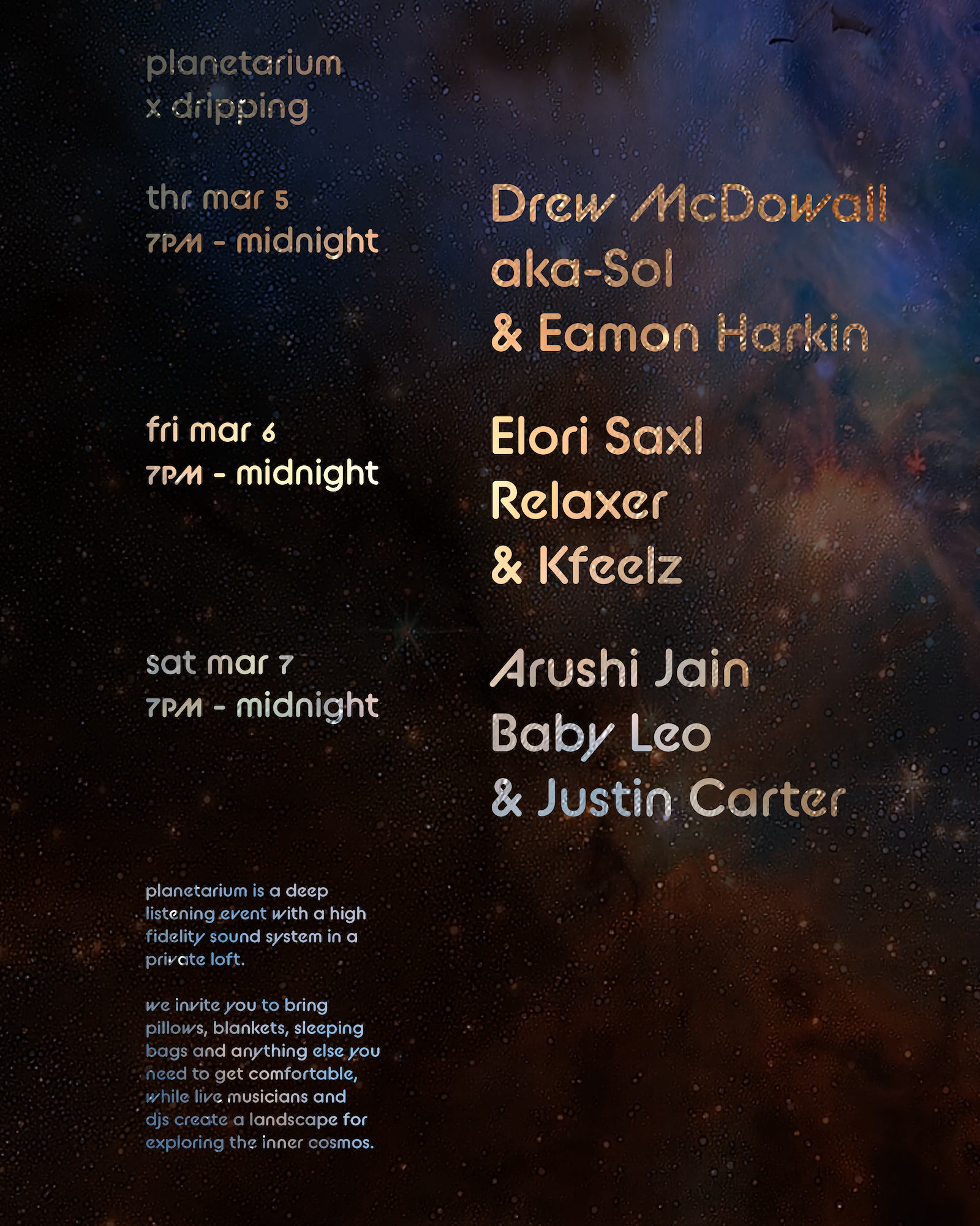 Planetarium X Dripping Night Two: Elori Saxl, Relaxer and Kfeelz