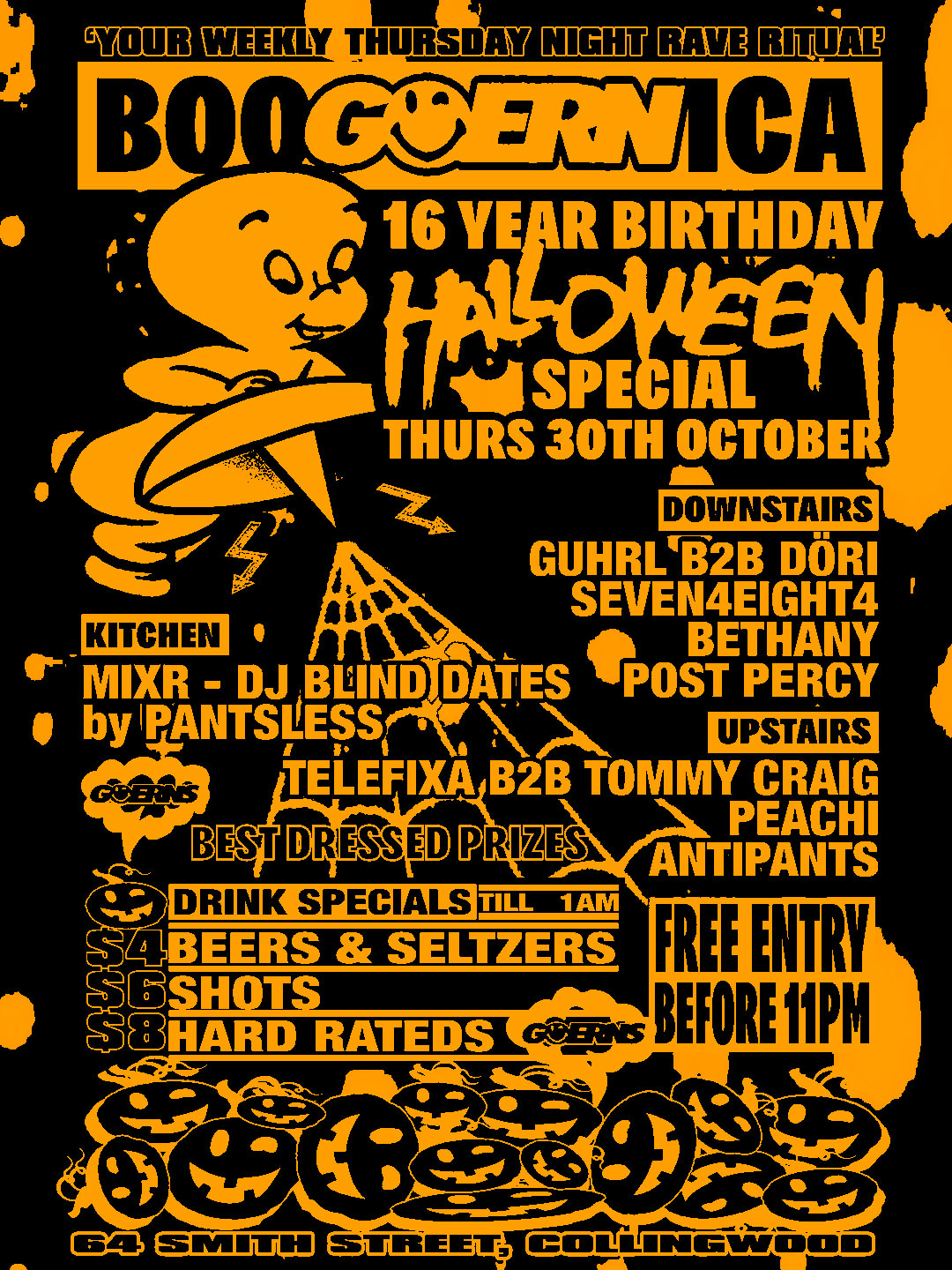 BOOGUERNICA! 16TH BDAY HALLOWEEN SPECIAL: $4 Pots, Seltzers $6 Vodkas