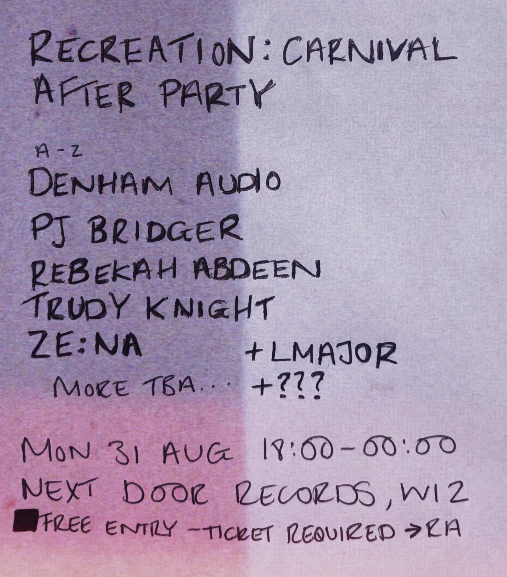 RECREATION: CARNIVAL AFTER PARTY - Denham Audio, Rebekah Abdeen, PJ Bridger, ZE:NA + more tba
