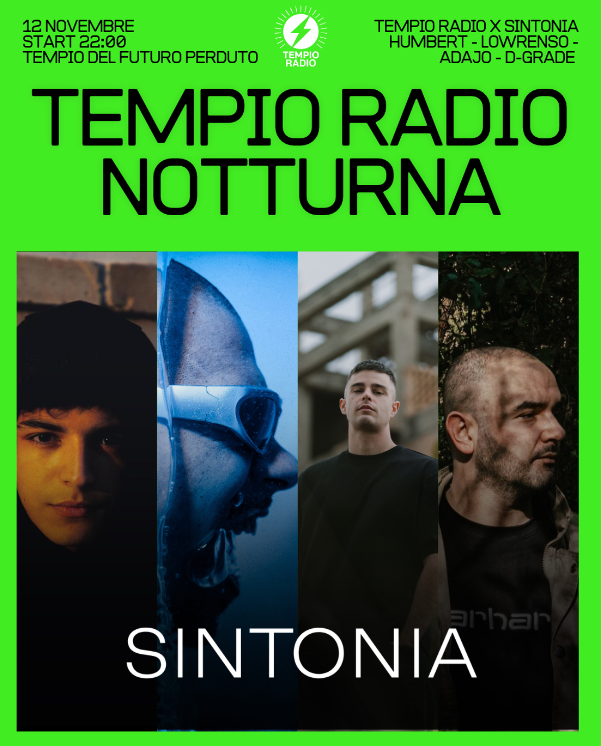 Tempio Radio Notturna x Sintonia: Humbert, ADAJO, Lowrenso, D-Grade flyer Tempio Radio Notturna x Sintonia: Humbert, ADAJO, Lowrenso, D-Grade flyer