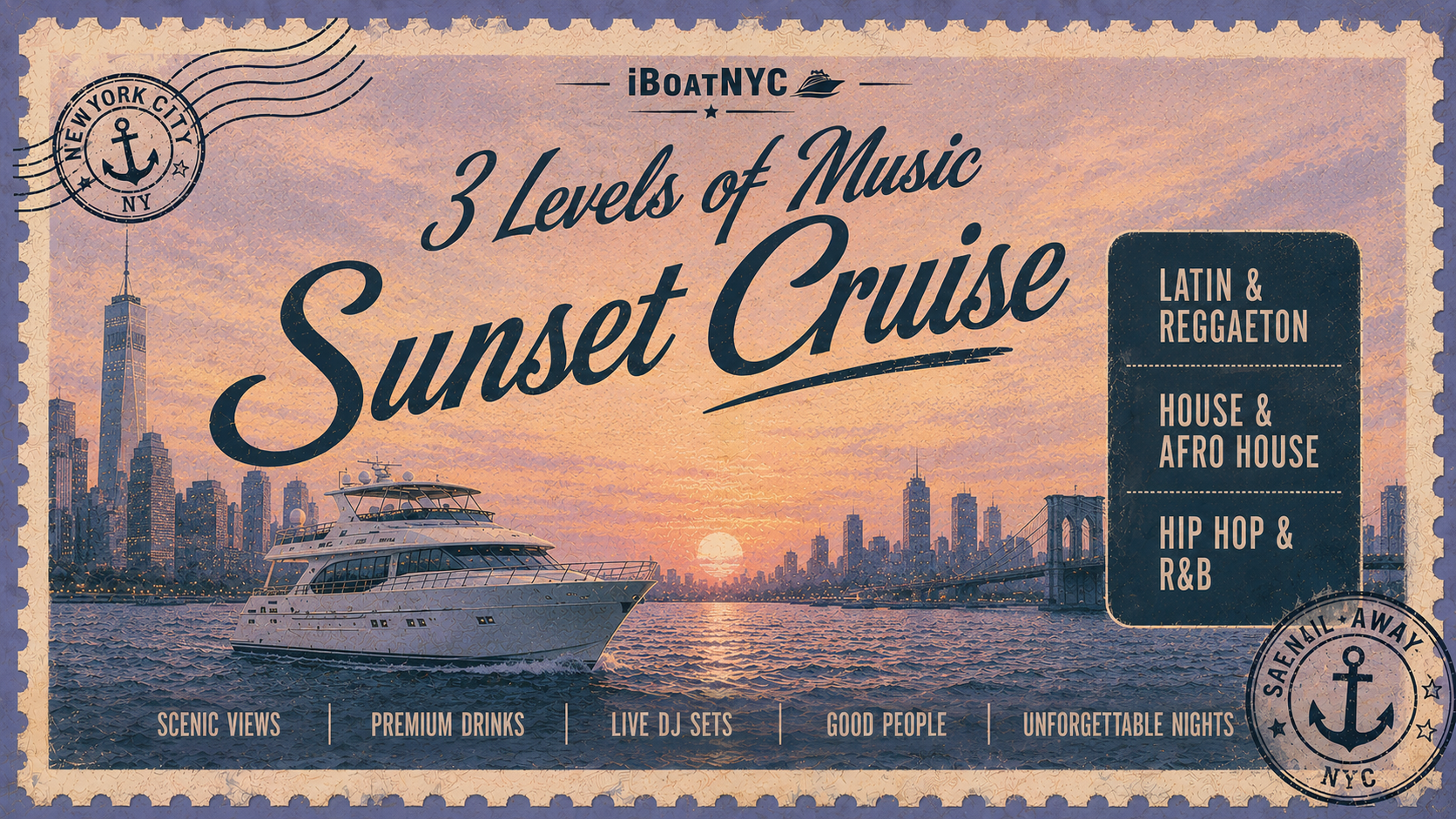 NYC Sunset Boat Party: Reggaeton / Hip-Hop / House – Multi-Level Yacht - Pier 78 at Hudson River Park