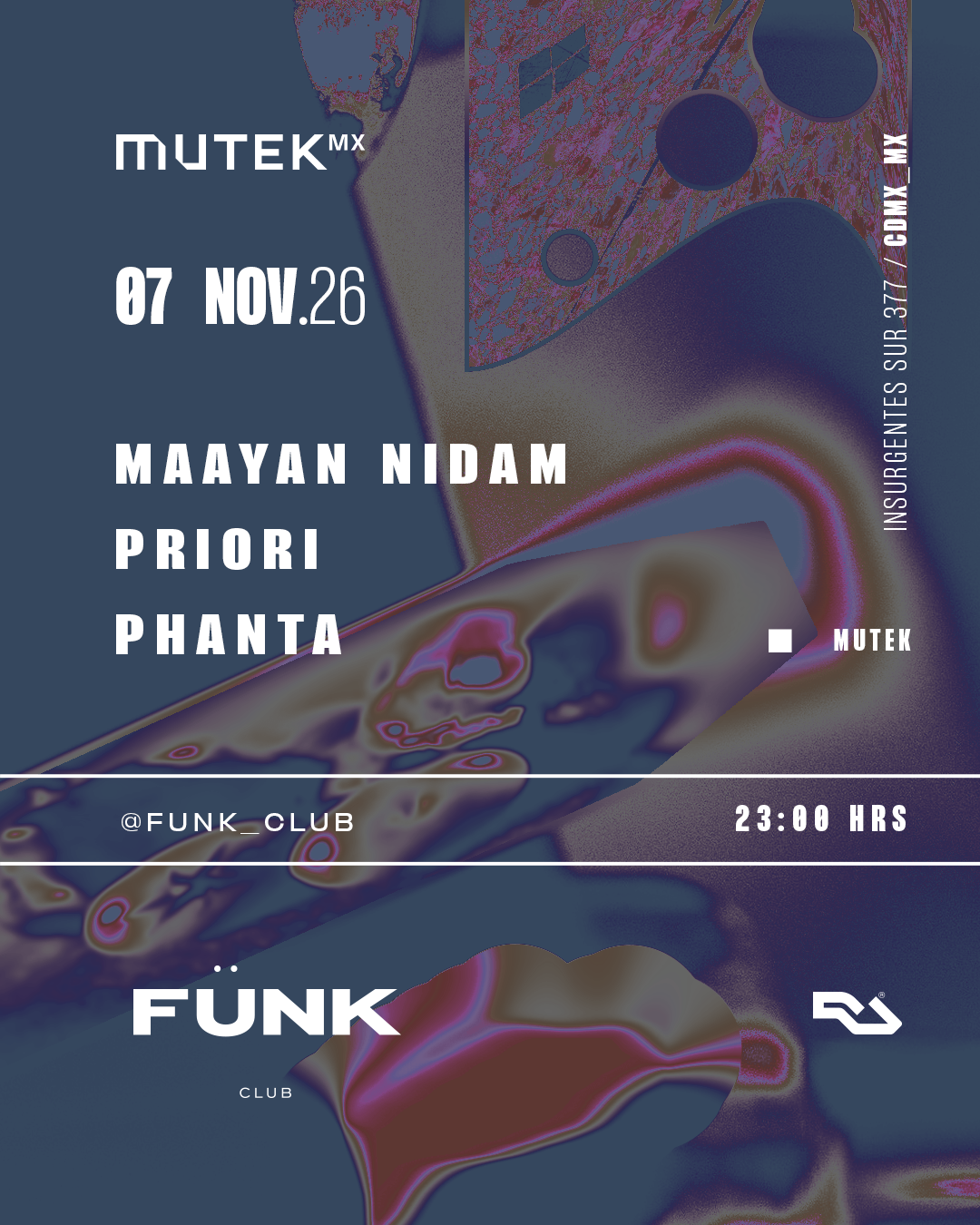 Flyer de Mutek Mx x Fünk: Maayan Nidam + Priori + Phanta