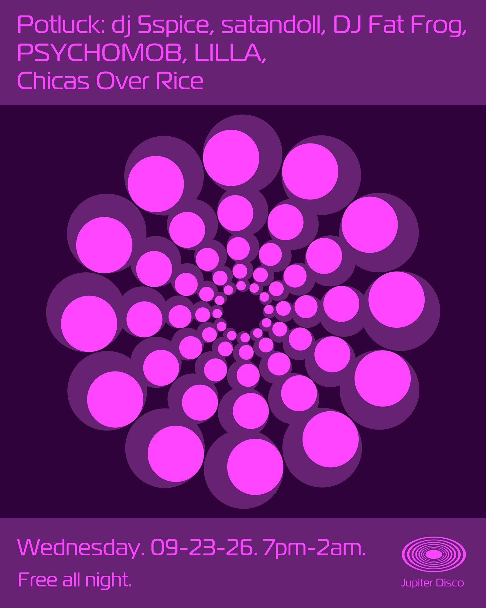 Potluck: dj 5spice, satandoll, DJ Fat Frog, PSYCHOMOB, LILLA, chicas over rice