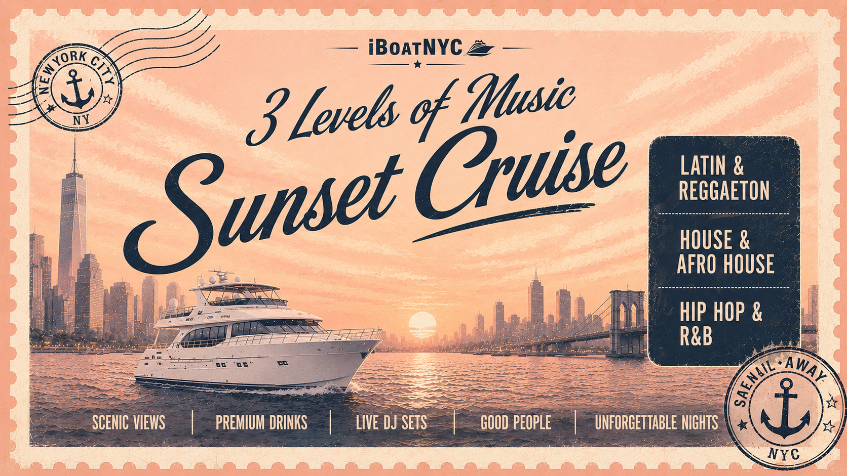 NYC Sunset Boat Party: Reggaeton / Hip-Hop / House – Multi-Level Yacht - Pier 78 at Hudson River Park