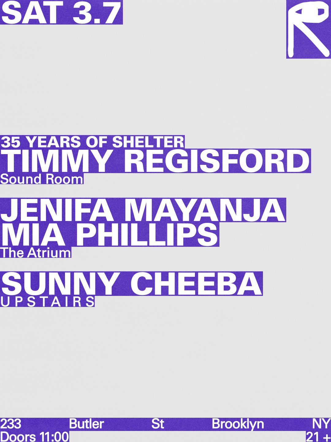 35 Years Of Shelter with Timmy Regisford / Jenifa Maynja + Mia Phillips / Sunny Cheeba