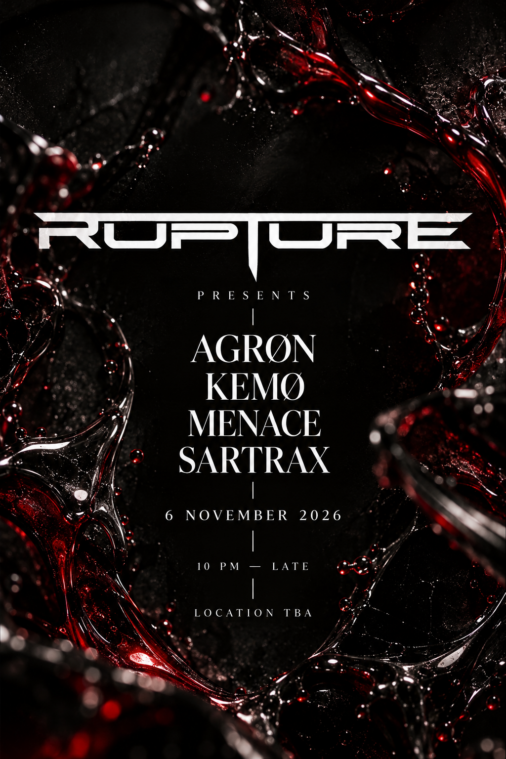 RUPTURE Presents AGRØN / KEMØ / MENACE / Sartrax flyer