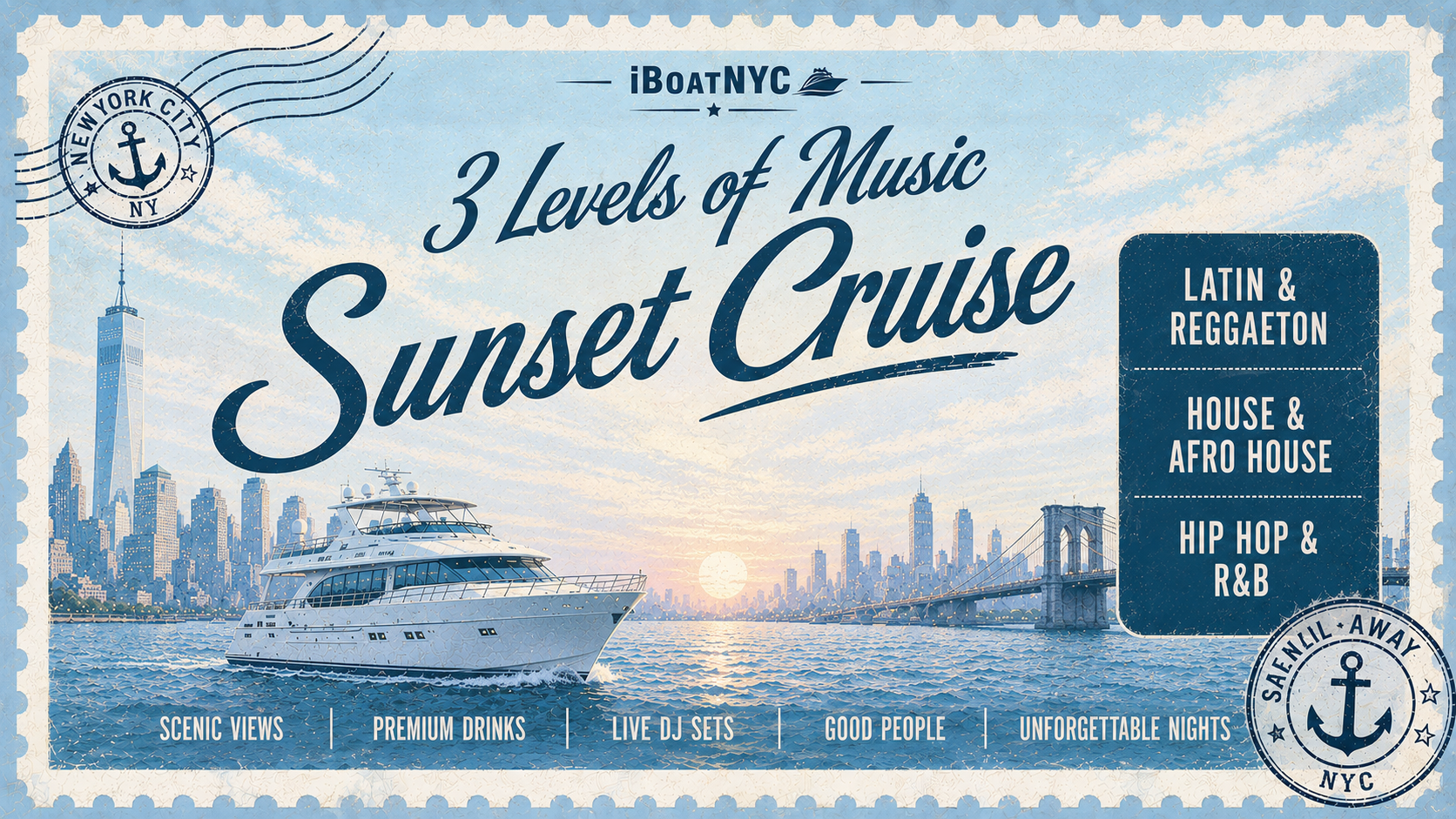 NYC Sunset Boat Party: Reggaeton / Hip-Hop / House – Multi-Level Yacht - Pier 78 at Hudson River Park