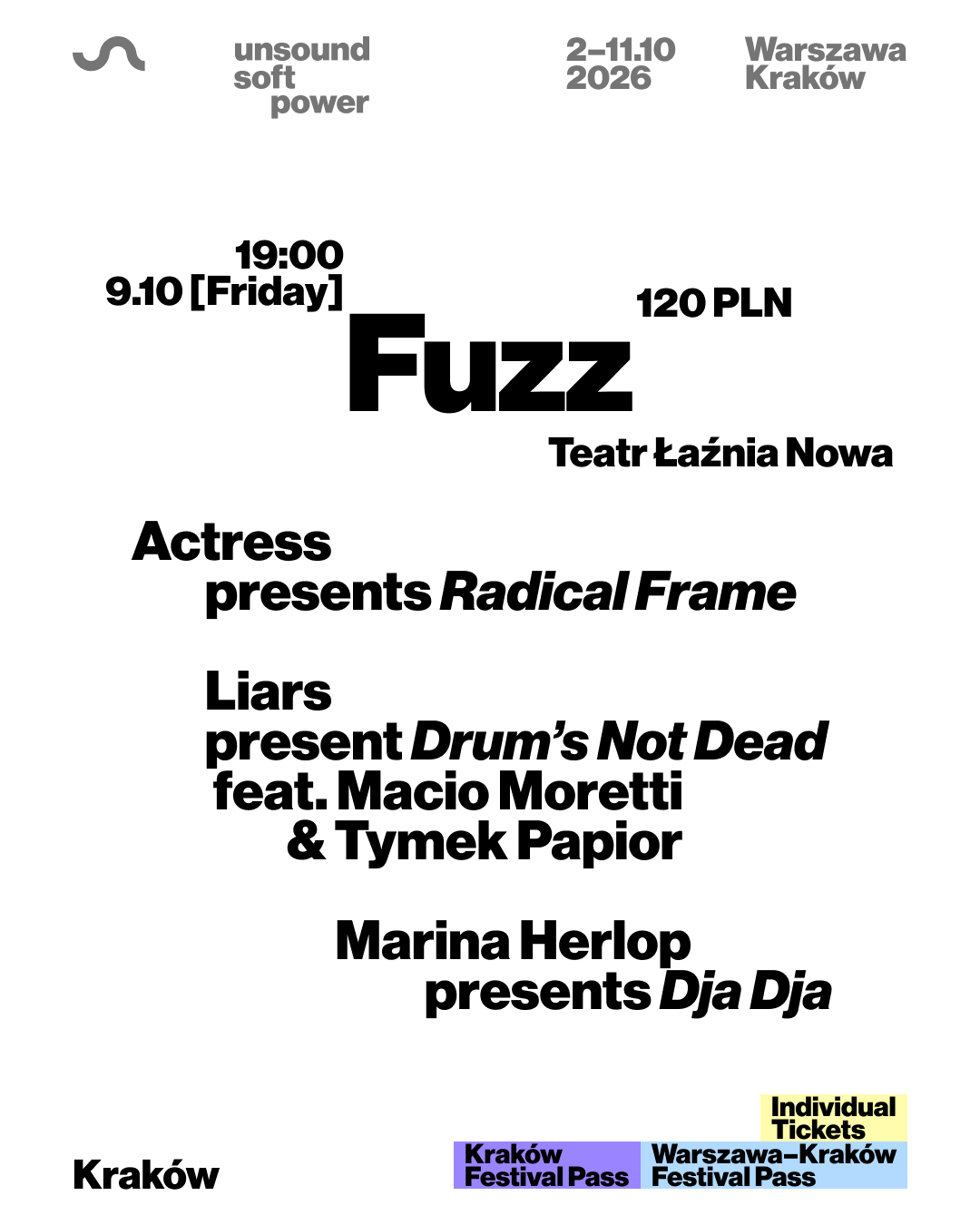 Unsound Kraków 2026: FUZZ - Actress / Marina Herlop / Liars feat. Macio Moretti & Tymek Papior